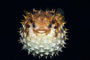 Inflated puffer fish, Porcupine fish like a balloon. Scared pufferfish closeup. Underwater photography photo