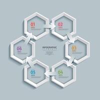 6 modern and clean hexagon design elements. Business infographics, strategy, timeline, and design template with colorful graphic illustrations. vector