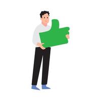 Happy man with award thumbs up sign. man holds award in hand. Like and positive feedback concept. vector