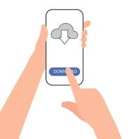 Tapping Mobile phone screen to download data from cloud. computing concept for file sharing and data transfer system. Download file to app mobile phone. vector