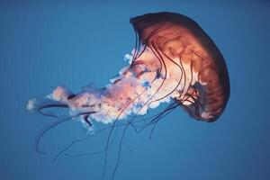 Medusa con tentáculos nadando en el agua con un oscuro azul fondo, submarino criatura foto