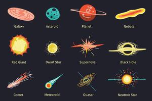 Cosmic objects and phenomena collection, stars and planets icons, illustrations of red giant, yellow dwarf, comet, pulsar and quasar, astronomy for children, supernova explosion, nebula doodle vector