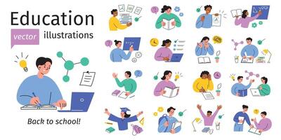 Education illustrations set, collection of school children scenes. Studying, exams, homework, academic life, classroom activities. Students reading, writing, doing science, math. Back to school vector