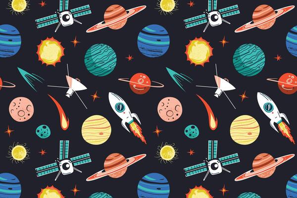 Outer space seamless pattern, planets and spaceship doodles, colored ornament of comets, satellites icons, illustrations of cosmic objects on dark background, astronomy colored pattern