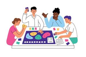 People playing board game at table. Flat composition of boardgame activity. illustrations of friends having fun together. Happy family at table. Cooperative tabletop game, strategy vector