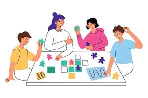 familia jugando estrategia tablero juego, adultos y niños teniendo divertido juntos. mano dibujado composición con mesa juego. ocio actividad y pasatiempo para amigos. ilustración de estrategia juego vector