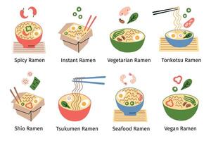 illustration set of ramen bowls and takeout boxes with Chinese and Japanese noodles, vegetarian and seafood. Types of broths like tsukumen, shio, tonkotsu, noodle soup ingredients, bamboo mats vector