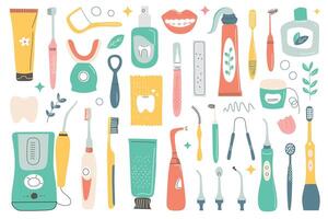 Dental care set, toothpaste, toothbrushes icons, illustrations of oral hygiene products, mouthwash, electric irrigator, floss doodles, healthy clean teeth, whitening kit collection vector