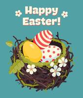 Easter nest with colorful eggs and spring flowers illustration vector
