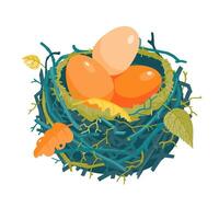 Colorful autumn nest with red eggs and dry leaves illustration vector