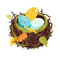 Nest with colorful eggs and dry leaves vector