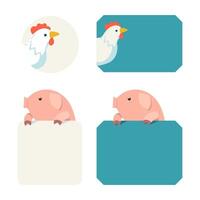 cerdo y pollo etiquetas ilustración dibujos animados estilo vector