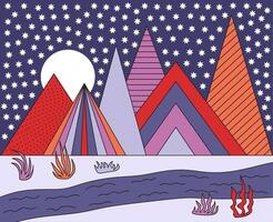 Multicolored mountains. Orange, violet and blue colors, abstract shapes, modern background, design Illustration for you project. Blue river. Different plants or grass. White sun and stars. vector