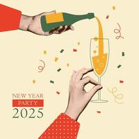 2025 New year retro card template, Vintage Christmas celebration. Halftone hands pouring champagne from bottle. Trendy newspaper collage. People drink wine, champagne at party. illustration. vector