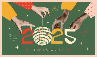 contento nuevo año 2025 Clásico collage tarjeta modelo. trama de semitonos manos participación números 2025 y disco pelota. apagado retro nuevo año bandera, póster. de moda retro ilustración vector