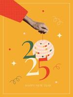 Christmas banner with halftone collage hand holding disco ball hanging on string with numbers 2025. Trendy muted vintage retro New year greeting card. illustration with cut out zine shape vector