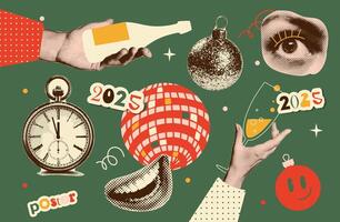 Set of halftone stickers - hand holding drink, lips, mouth, smile, disco ball, clock and bauble. Retro collection of Christmas and New Year design elements. Trendy newspaper collage.Party time. vector