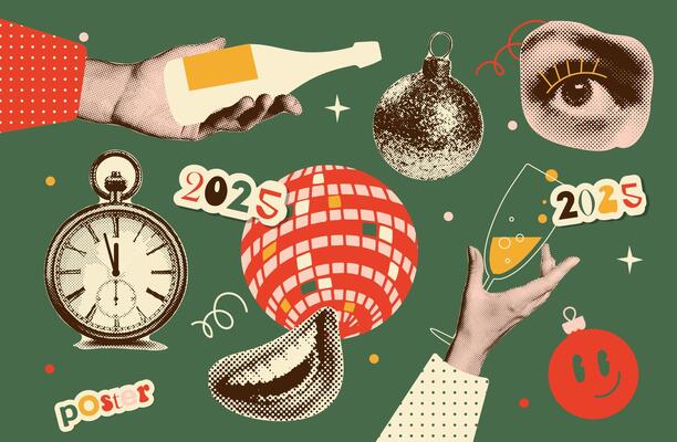 Set of halftone stickers - hand holding drink, lips, mouth, smile, disco ball, clock and bauble. Retro collection of Christmas and New Year design elements. Trendy newspaper collage.Party time.