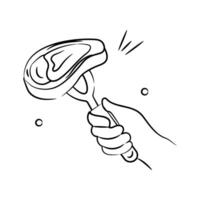 Hand holding grilled meat with fork, ready to use grilled mead vector