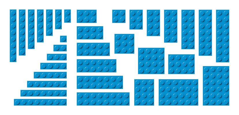 Big set of blue plastic building toy blocks. Simple collection of childrens bricks. Abstract illustration isolated on a white background