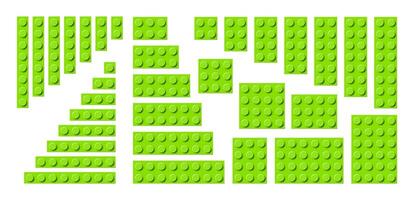 Big set of light green plastic building toy blocks. Simple collection of childrens bricks. Abstract illustration isolated on a white background vector