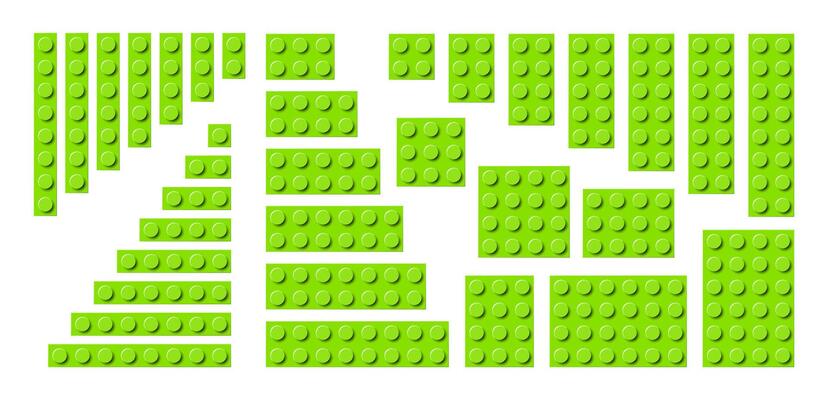 Big set of light green plastic building toy blocks. Simple collection of childrens bricks. Abstract illustration isolated on a white background