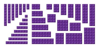 Big set of purple plastic building toy blocks. Simple collection of childrens bricks. Abstract illustration isolated on a white background vector