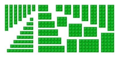 Big set of green plastic building toy blocks. Simple collection of childrens bricks. Abstract illustration isolated on a white background vector