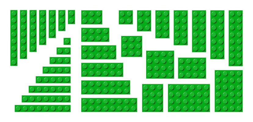 Big set of green plastic building toy blocks. Simple collection of childrens bricks. Abstract illustration isolated on a white background