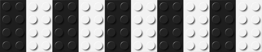 Background of bricks in black and white colors. Many plastic building toy blocks banner. Close-up of a colorful bricks viewed from above. Abstract background illustration vector