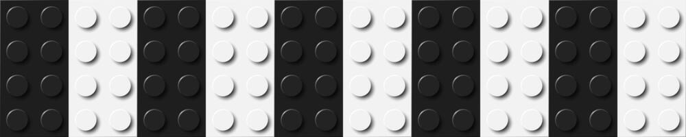 Background of bricks in black and white colors. Many plastic building toy blocks banner. Close-up of a colorful bricks viewed from above. Abstract background illustration vector