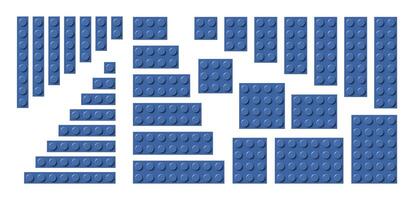 Big set of blue plastic building toy blocks. Simple collection of childrens bricks. Abstract illustration isolated on a white background vector