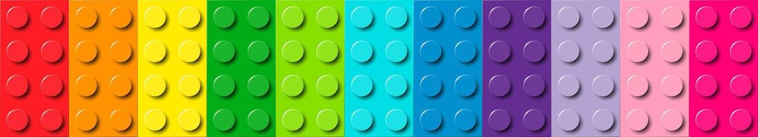 Background of bricks in different colors. Many plastic building toy blocks banner. Close-up of a colorful bricks viewed from above. Abstract background illustration vector
