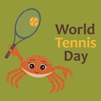 World Tennis Day. Crab playing tennis. Healthy lifestyle. Tennis racket and ball. Flat style vector