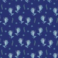 Cute dolphin seamless pattern background. Trendy pattern for wrapping paper, wallpaper, stickers. Underwater world. Illustration on dark blue background vector