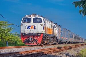 a series of Indonesian executive class trains speeding on double tracks, Indonesia, 4 May 2024. photo