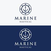 Yacht rudder logo template design with sea waves, rope and vintage anchor. Logo for business, sailor, sailing. vector