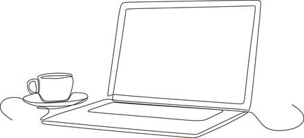 laptop and cup of coffee in single continuous line art vector