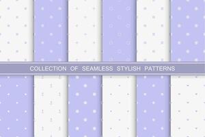 Collection of simple seamless white and purple geometric patterns. Delicate minimalistic backgrounds. Cute fabric prints vector