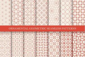 Collection of seamless ornamental geometric patterns. Vintage oriental symmetry backgrounds. Red tile mosaic design. Grid textures - decorative fabric prints vector