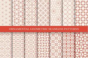 Collection of seamless ornamental geometric patterns. Vintage oriental symmetry backgrounds. Red tile mosaic design. Grid textures - decorative fabric prints vector