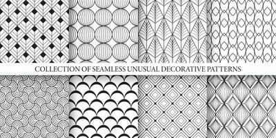 Collection of black and white ornamental seamless geometric patterns. Elegant endless art deco ornate backgrounds. Repeatable monochrome fabric prints vector