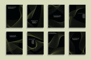 Collection of black abstract striped covers, templates, backgrounds, placards, brochures, banners, flyers and etc. Stylish minimalistic posters - digital futuristic design. Curve green lines print vector