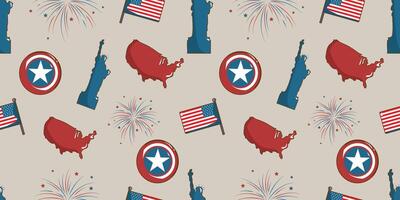 Statue of Liberty, flag, American continent, fireworks, and Captain America's shield illustration. Seamless pattern on the Independence Day. It can be used for wrapping paper, gift wrapping, textiles, vector