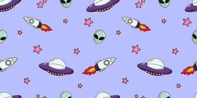 Cute and seamless on the theme of World UFO Day. Illustration with UFOs, aliens, spaceships, and stars. It can be used for wrapping paper, gift wrapping, textiles, etc. vector