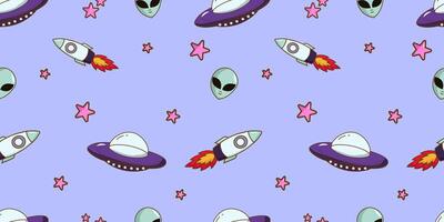 Cute and seamless on the theme of World UFO Day. Illustration with UFOs, aliens, spaceships, and stars. It can be used for wrapping paper, gift wrapping, textiles, etc. vector