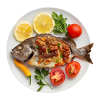 grigliato pesce nel un' piatto su trasparente sfondo png