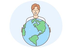 Smiling man hold planet earth in hands vector