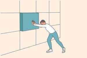 Strong business man installing missing block in wall, building reliable company or startup vector