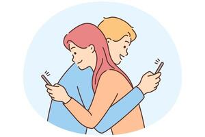 Couple hug using cellphone vector